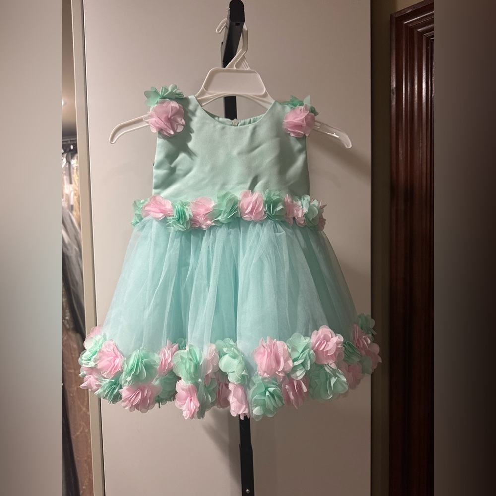 Floral Mint Green and Pink Kids dress with matching hat and shoes